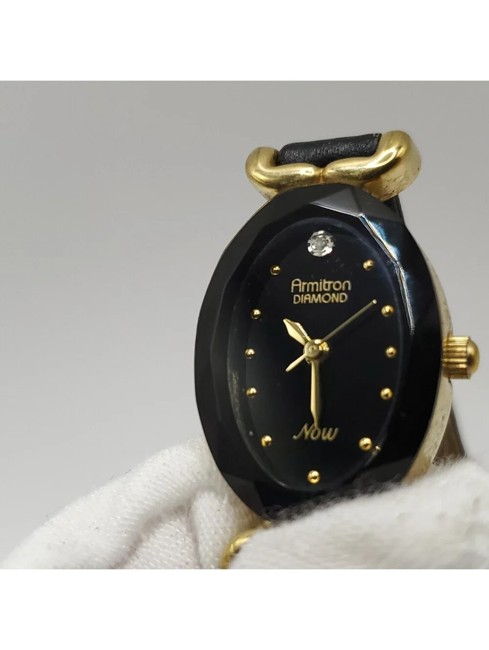 Armitron Diamond Now Black Dial Oval Gold Tone Case Watch New Battery 18mm
